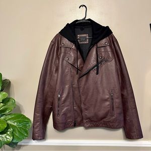 Men’s Faux Leather Moto Jacket w/ removable hood by Express
